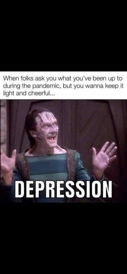 Short answer: Garak looking campy.

Long answer: A meme of Garak from Star Trek Deep Space Nine. A male-coded alien with ashy skin and dark hair makes a maniacal face and waves outstretched hands. Text reads: "when folks ask you what you've been up to during the pandemic, but you want to keep it light and cheerful... Depression" *jazz hands*