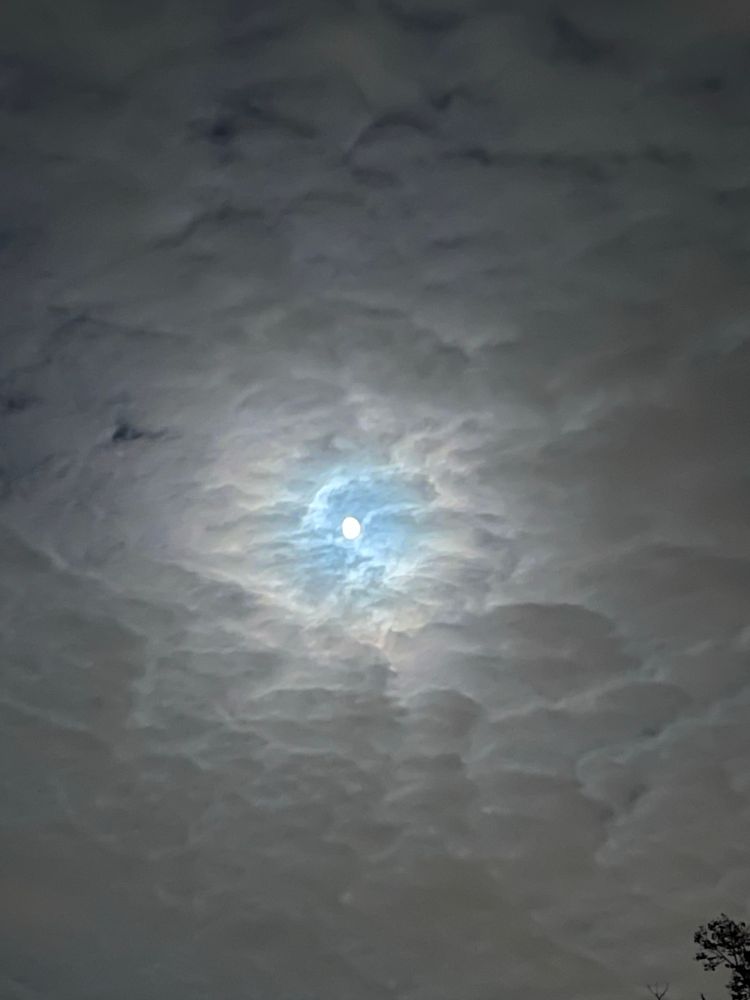 A partial moon peeks through cloudy skies 