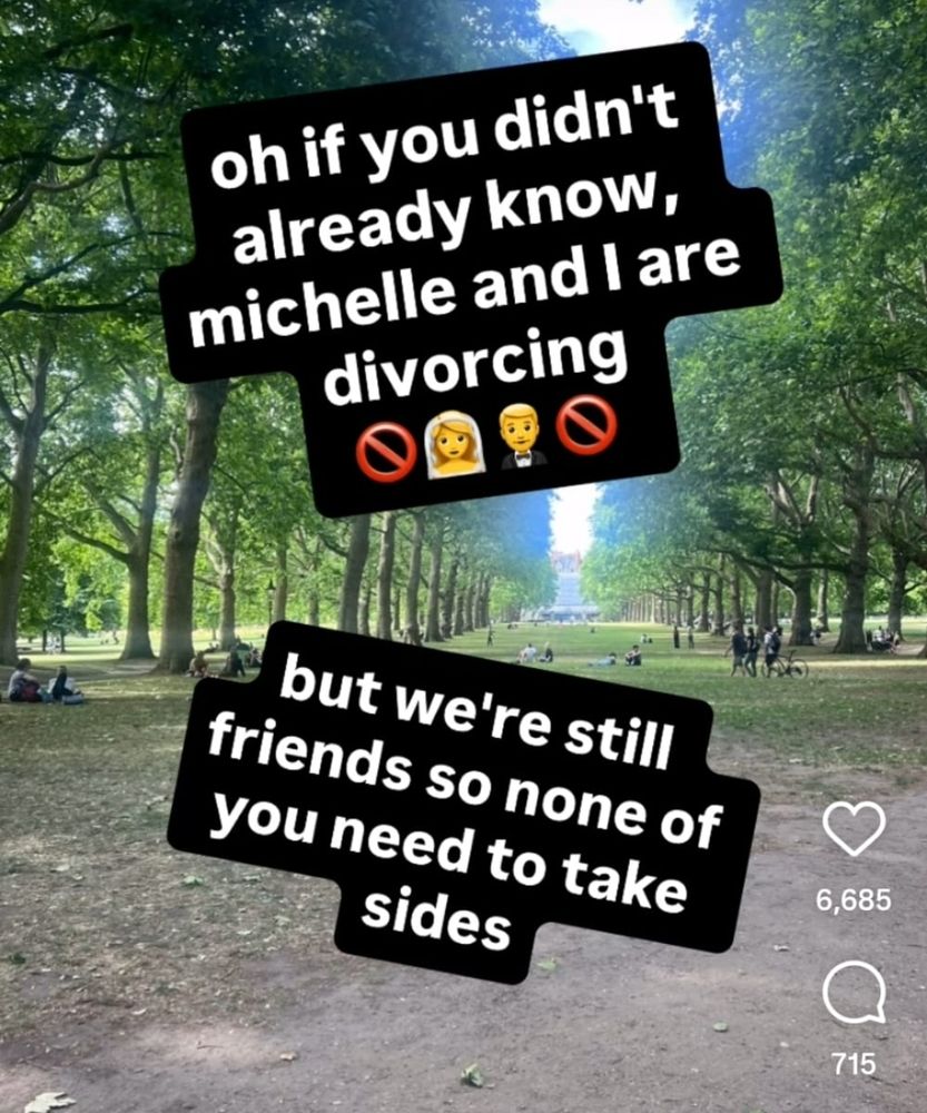 screenshot of an insta reel which reads "oh if you didnt already know Michelle and I are divorcing but we're still friends so non of you need to take sides