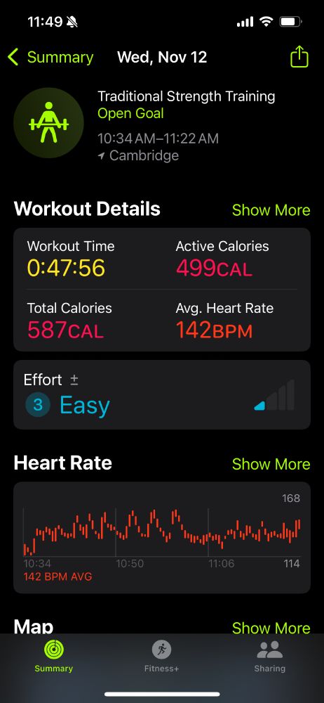 screen grab from apple fitness - legs & back form day - no workout partner (aka he with the clipboard) so just starter weights for each set, 10 reps, 3 sets working fast.