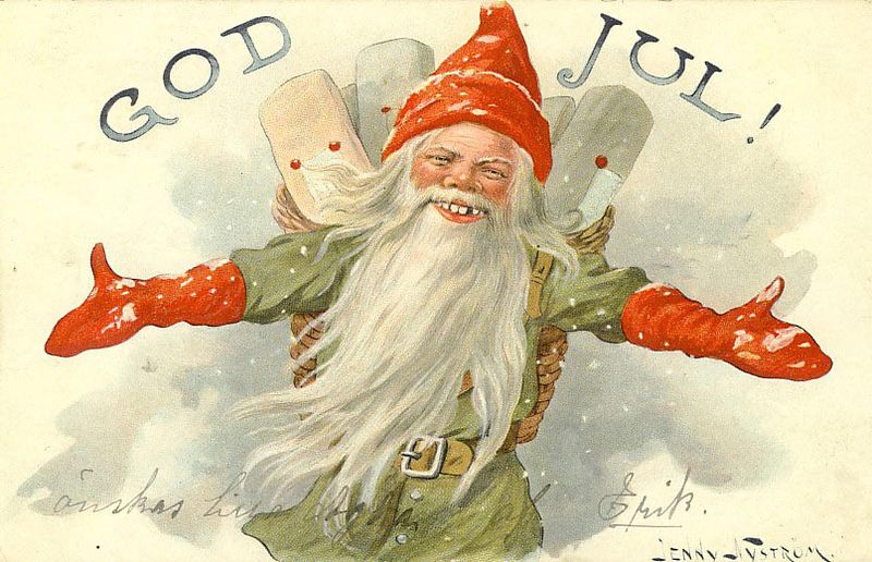postcard illustration of a nisse man with a big white beard and smile, his hands held out wide and covered with red mittens and on his head a red hat. above him is the holiday greeting "God Jul!"