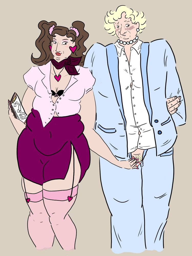 lesbian gentlescribe boss/secretary au with a lil bit of implied semi-public sex and humiliation. lucius is in a cute skimpy pink secretary outfit holding a clipboard (with drawings of dicks on it). lucius is standing by stede, who's in a powder blue pantsuit. lucius, smiling, has discretely unzipped stede's pants and is reaching into her pants. stede's arms are crossed behind her back and she's looking to the side, embarrassed. 