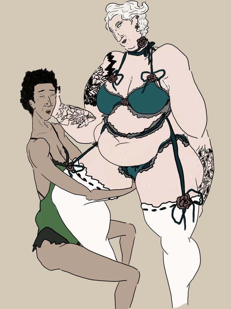 and they were room people (in lingerie) ! oh my god they were room people (in lingerie). lesbians frenchie and wee john in lingerie. wee john is standing in front of frenchie, cupping her cheek and with a leg between her thighs; frenchie is sitting and rubbing up against wee john's leg. 