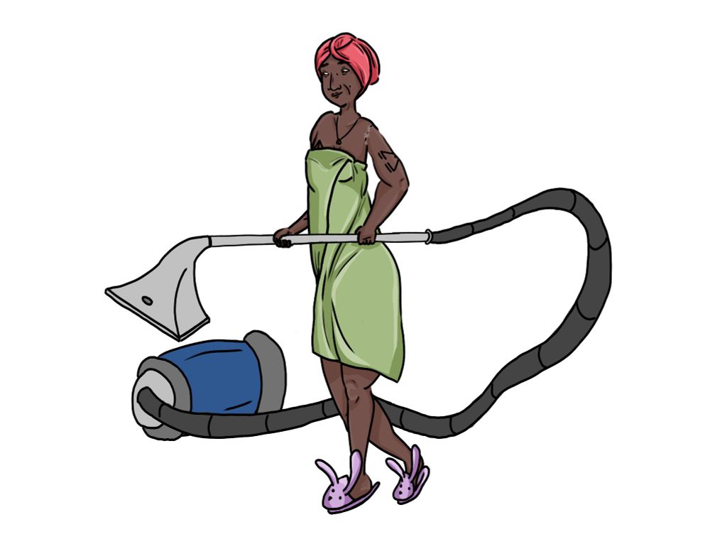 roach ofmd drawn to look like a goofy screenshot. hes vaccuuming and wearing a green towel wrapped around him, purple bunny slippers, and a pink towel around his head.