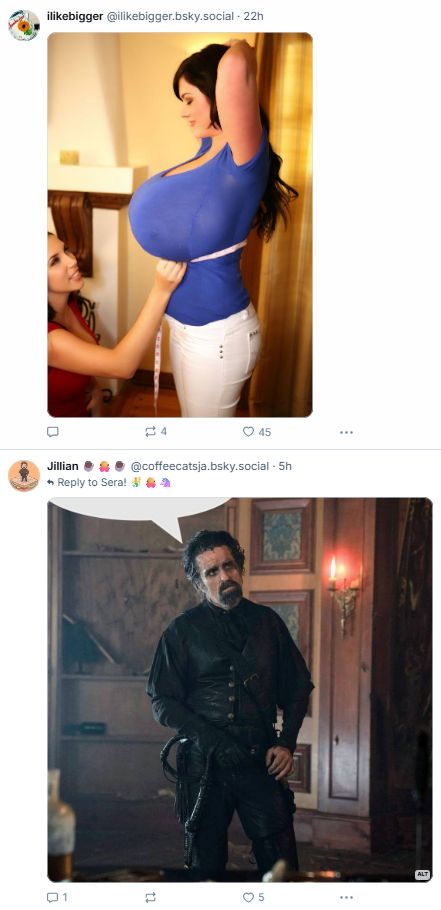 screenshot of two sequential posts on my discover page. the first one is of a woman with huge bazongas getting her big hamalododingos measured, probably from a porn bot account. the second is of izzy with a speech bubble directed at the post above it, posted by jillian.