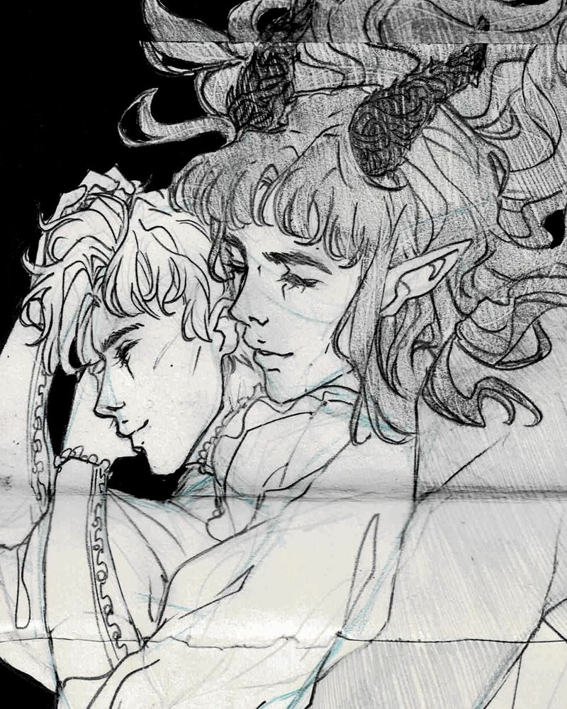 details of black and white pencil illustration of saffron and cylvan from PRINCE OF THE SORROWS