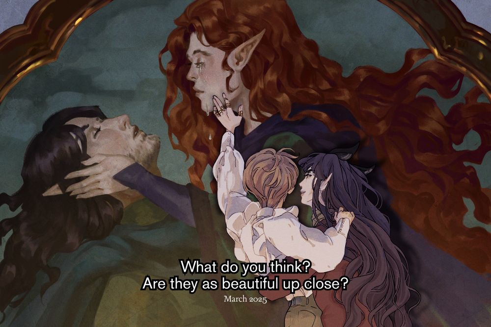 Illustration of a scene from PRINCE OF THE SORROWS, where Cylvan holds Saffron while Saffron extends a hand toward a painting of Derdriu from Celtic myth; text reads “What do you think? Are they as beautiful up close? ; march 2025”