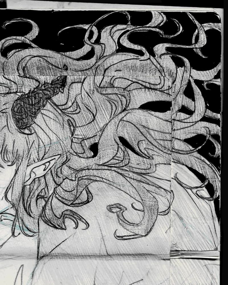 details of black and white pencil illustration of saffron and cylvan from PRINCE OF THE SORROWS