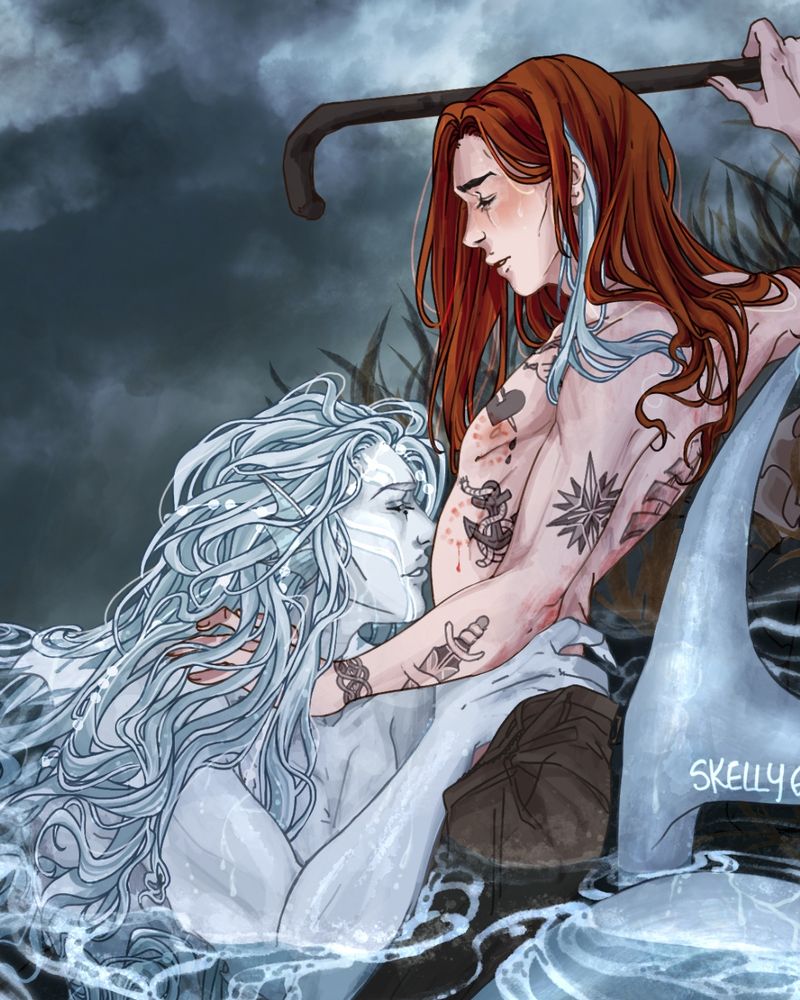 illustration of eridanys (left, siren) and alba (right, human) intimately pressed into rocks while half submerged in the sea