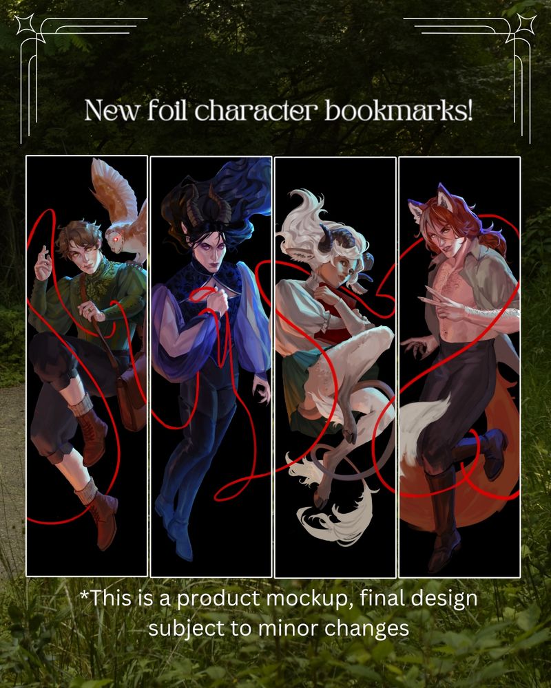 A series of four character illustrations on black background, interconnected by a red string; text reads: new foil character bookmarks!; *This is a product mockup, final design subject to minor changes