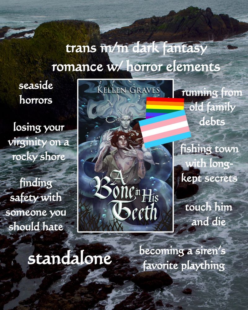 
trans m/m dark fantasy romance w/ horror elements
seaside horrors
losing your virginity on a rocky shore
finding safety with someone you should hate
running from old family debts
fishing town with long-kept secrets
touch him and die
standalone
becoming a siren's favorite plaything