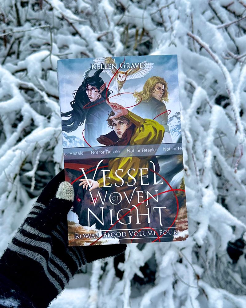 Photograph of VESSEL OF WOVEN NIGHT paperback held up against a snowy backdrop 