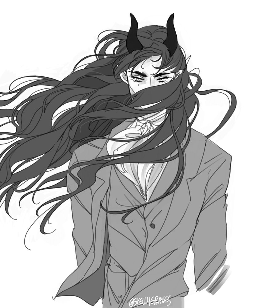 Black and white illustration of Cylvan from the ROWAN BLOOD series with his dark hair blown over his face in the wind, character also has black horns and is wearing a light grey toned uniform/suit jacket