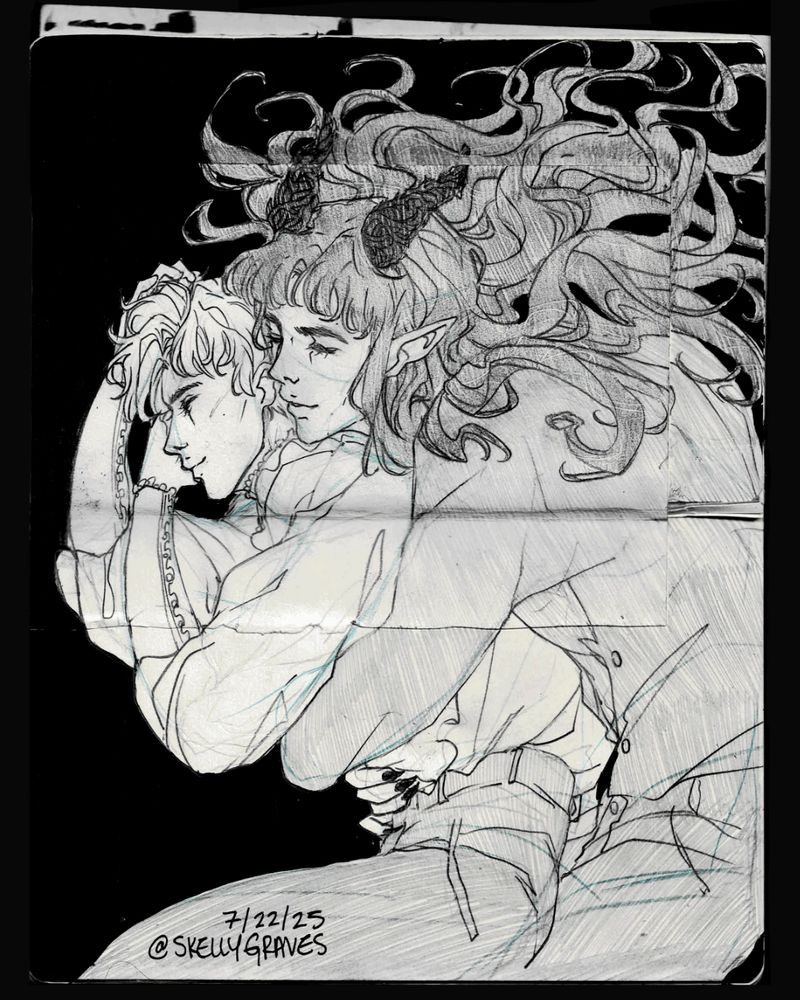 black and white pencil illustration of saffron and cylvan from PRINCE OF THE SORROWS