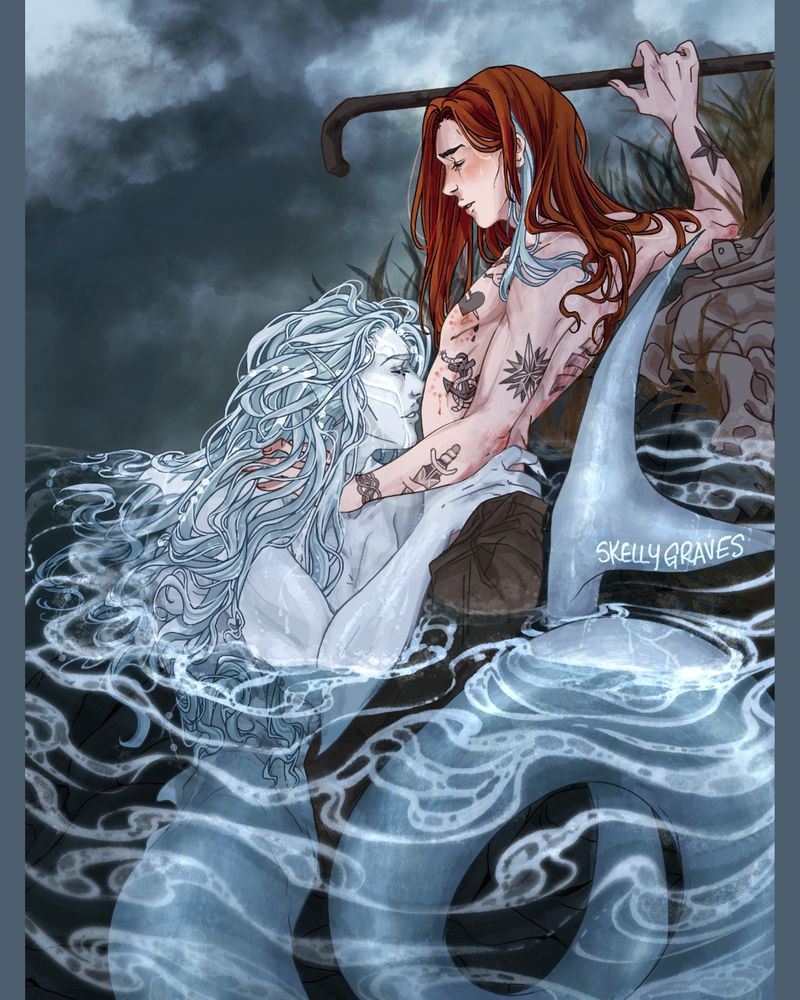 illustration of eridanys (left, siren) and alba (right, human) intimately pressed into rocks while half submerged in the sea