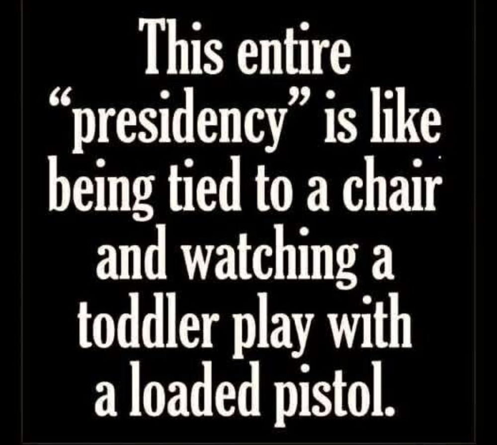 Black background with white lettering that says: "This entire 'presidency' is like being tied to a chair and watching a toddler play with a loaded pistol."