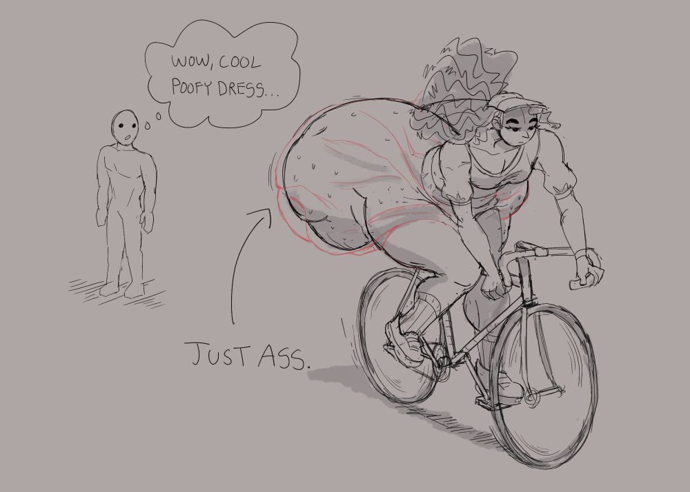 the same image as the first, but with an "x-ray' view to show that the "poofy" dress is indeed, just the cyclist's incredibly fat ass.