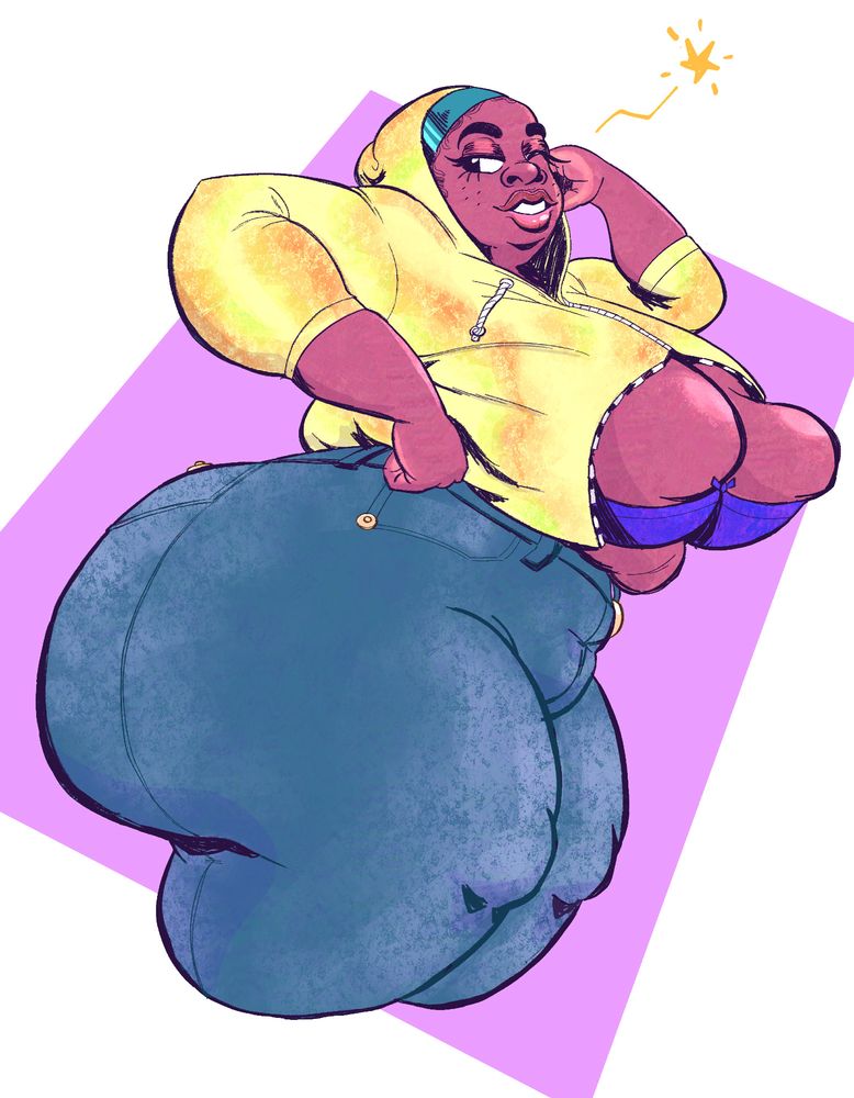 illustration of a thick black girl wearing tight acid wash jeans and a bright yellow hoodie that's opened to reveal her bra underneath