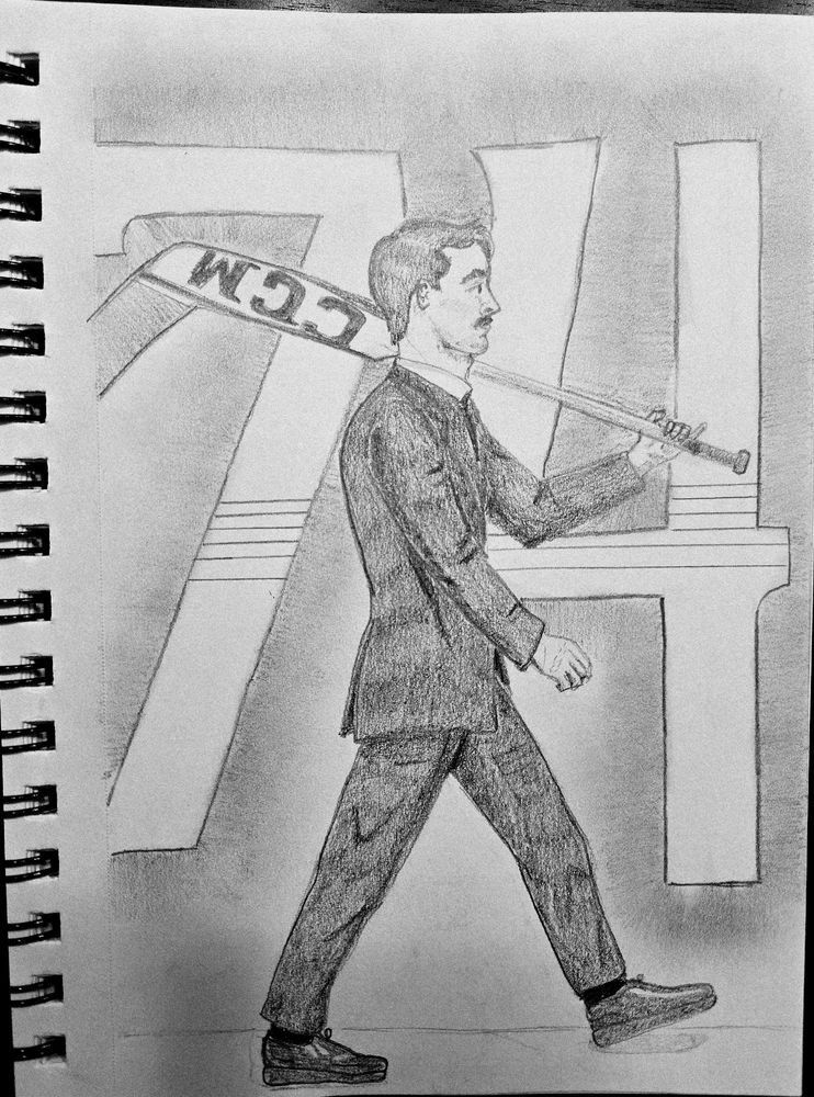 Pencil drawing of Juuse Saros in a black suit, carrying his hockey stick over his shoulder and his jersey style 74 behind him. 