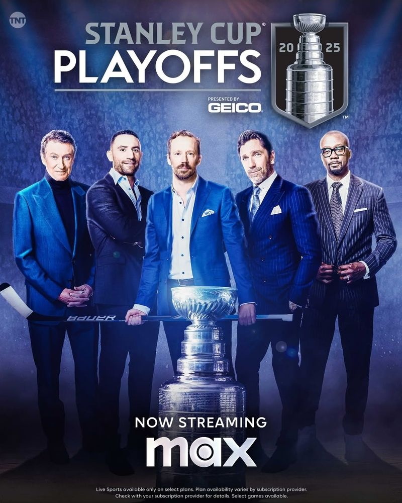 Stanley Cup on Max promotional ad with the panel of commentators from NHL TNT coverage. 