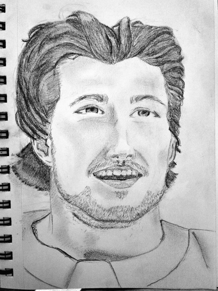 Pencil drawing, Brandon Montour, smiling, looking past frame. 