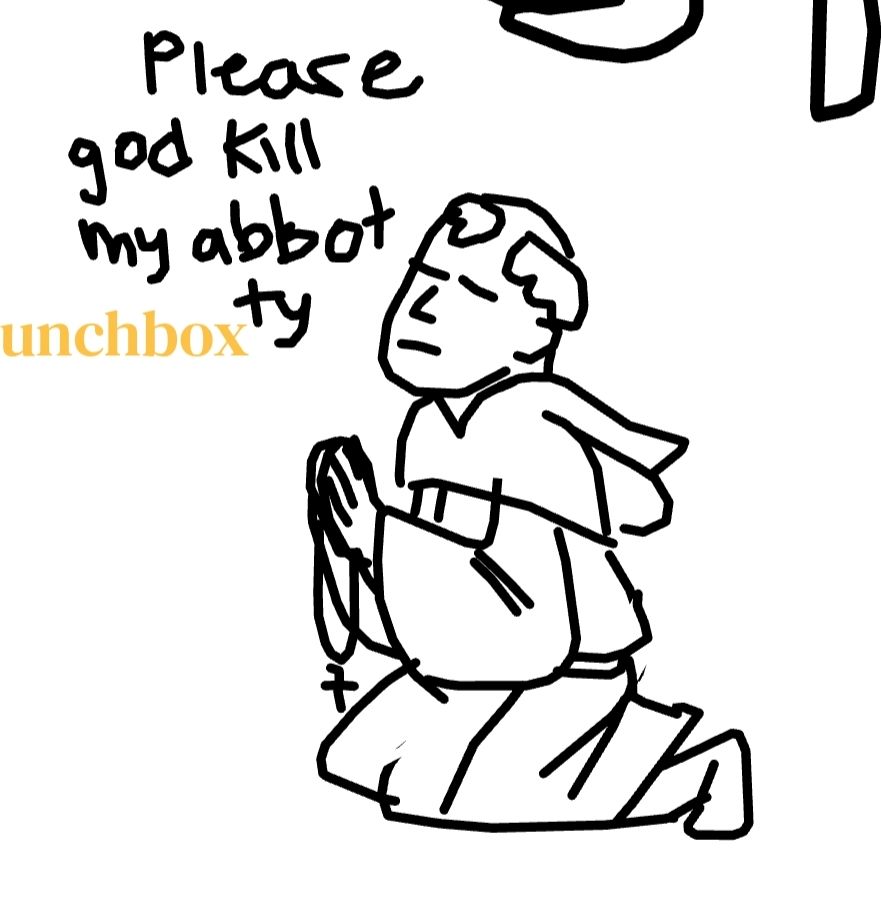 A collaborative whiteboard doodle of a monk praying with the text "Please god kill my abbot ty" to his top left. He has a cross in his hands.