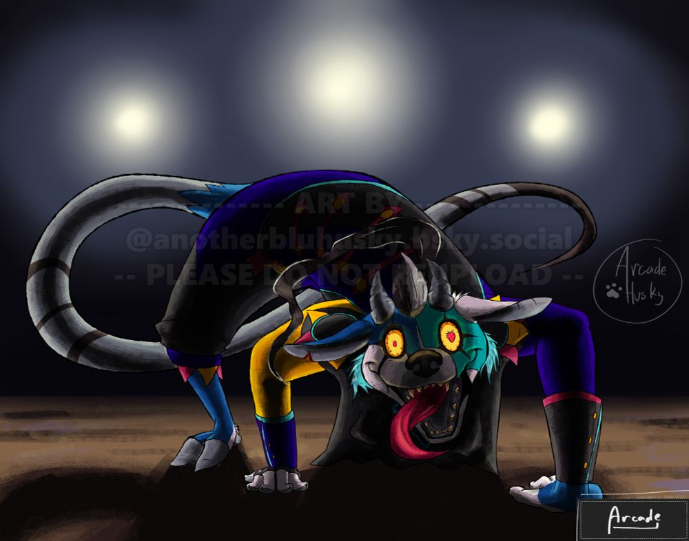 horror-themed fanart of Freaka, a goat character of Vix n Dwnq (vix-en-dwunk). they're dressed in vibrant clothes, like a jester, ringmaster, or clown's. their body bends and twists in impossible ways, joints bent the wrong way and spines or necks twisted too far. their tail twists behind and their tongue slithers forward. their yellow eyes glow, staring at the viewer with strawberry-shaped pupils. three bright spotlights shine from behind Freaka. drawn some time in 2017.