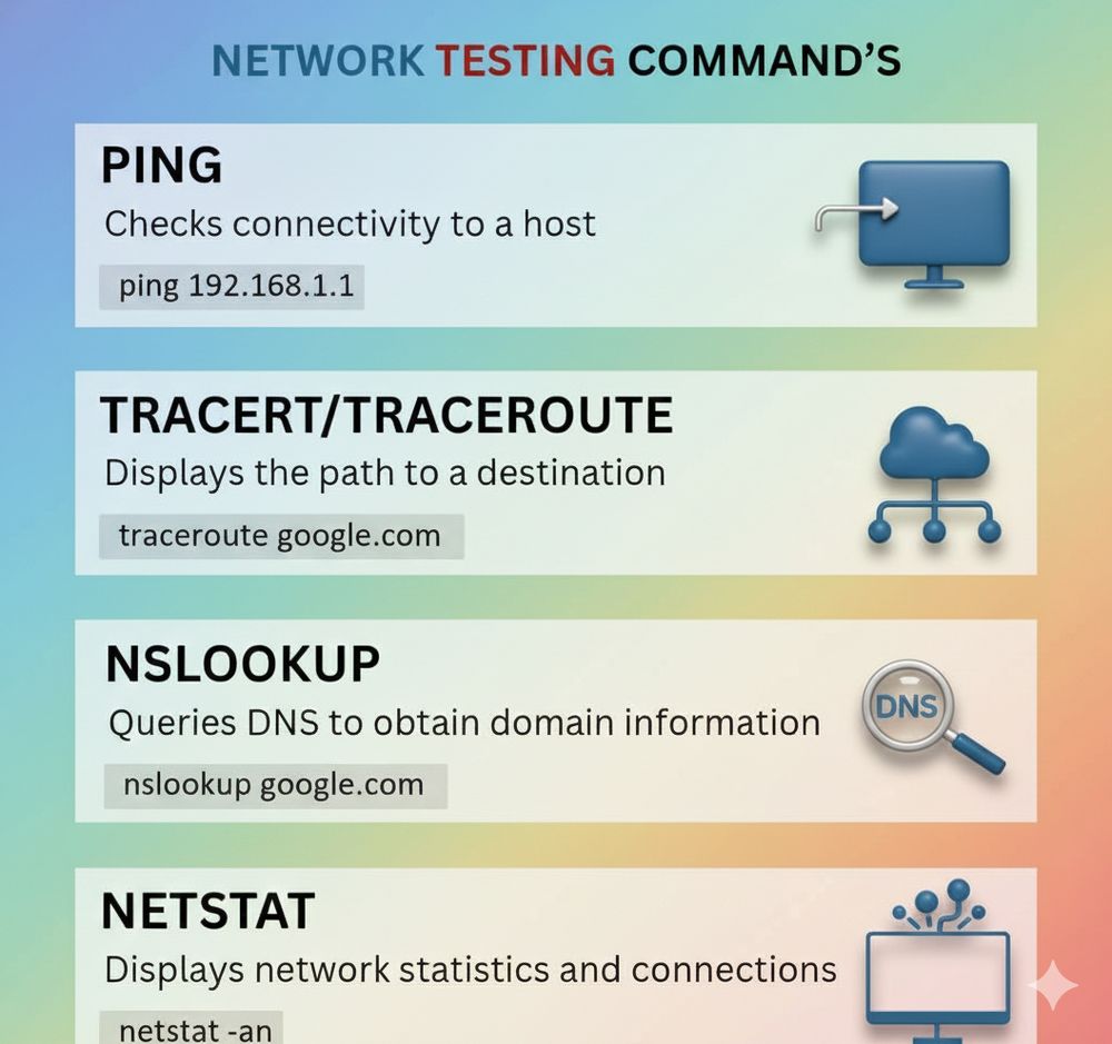 What Are Network Testing Commands?

These are built-in OS commands (Windows, macOS, Linux) used to test network paths, packet loss, latency, DNS resolution, port availability, bandwidth, routing issues, and overall connectivity.