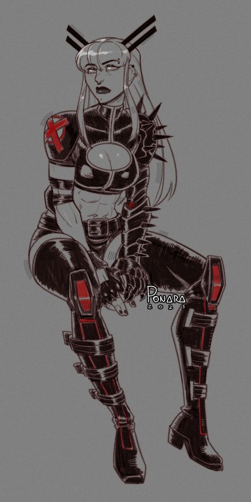 A digital sketch of Magik from the X-Men over a gray backdrop. She's sitting down with her hands between her legs, holding her fingers. She's looking up, nowhere specific, lost in thought