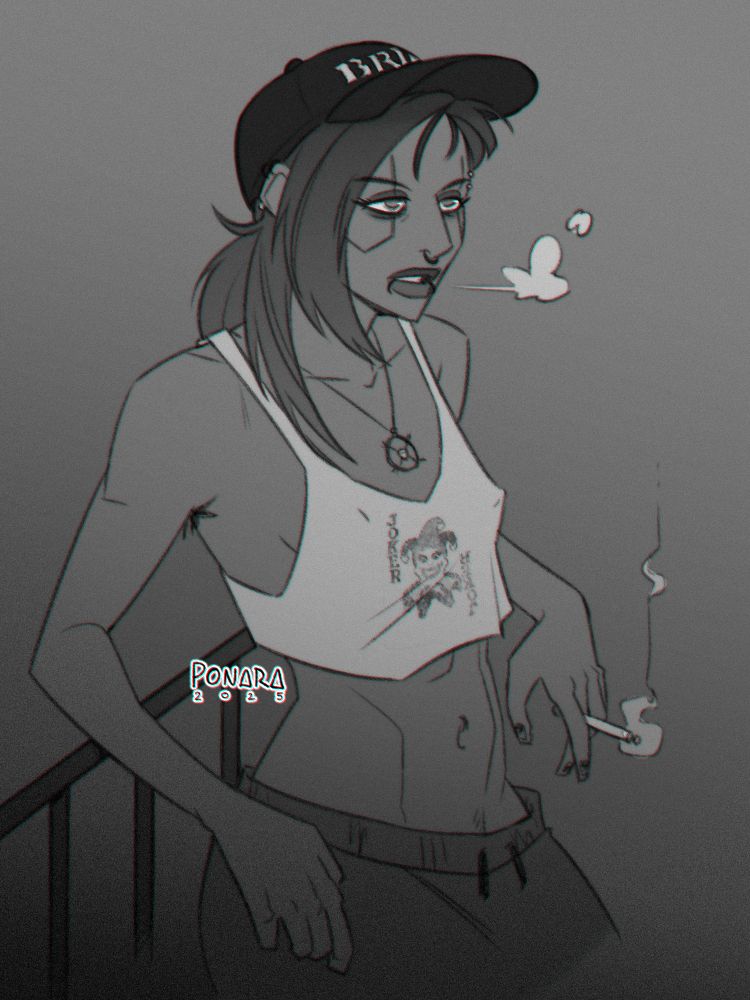 a digital monochrome sketch of V from Cyberpunk 2077. She's wearing a black cap, white tank top and dark grey sweatpants. She's leaning on a rail and smoking a cigarette. She's looking at the distance with an exhausted look on her face wile blowing some smoke from her mouth