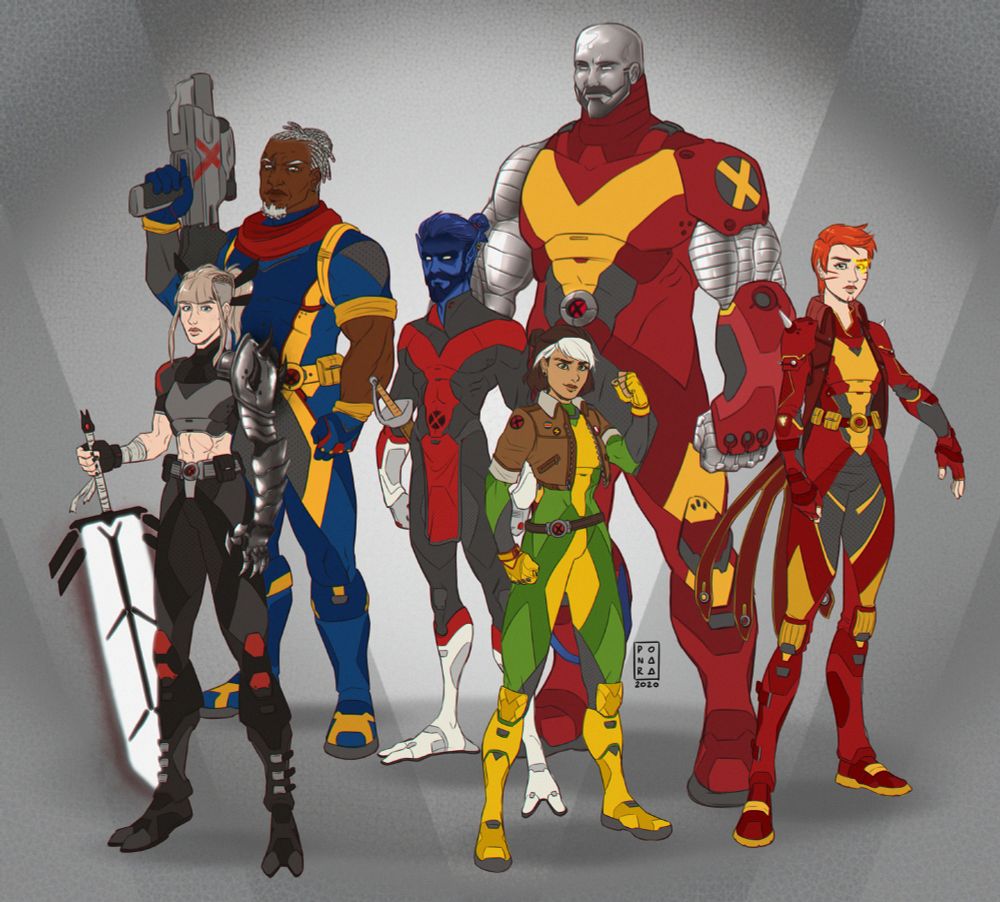 a lineup of my designs for Magik, Bishop, Nightcrawler, Rogue, Colossus and Rachel Grey