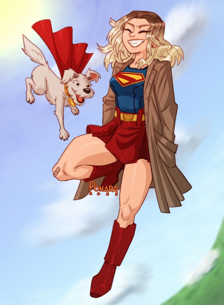 a digital sketch of supergirl as she appears in the 2025 Superman movie. She's wearing a brown long coat over her suit. She's flying high in the sky and the ground can be seen in the distance. Krypto the Superdog is flying next to her. It's a sunny day and she's smiling widely, basking in the light.