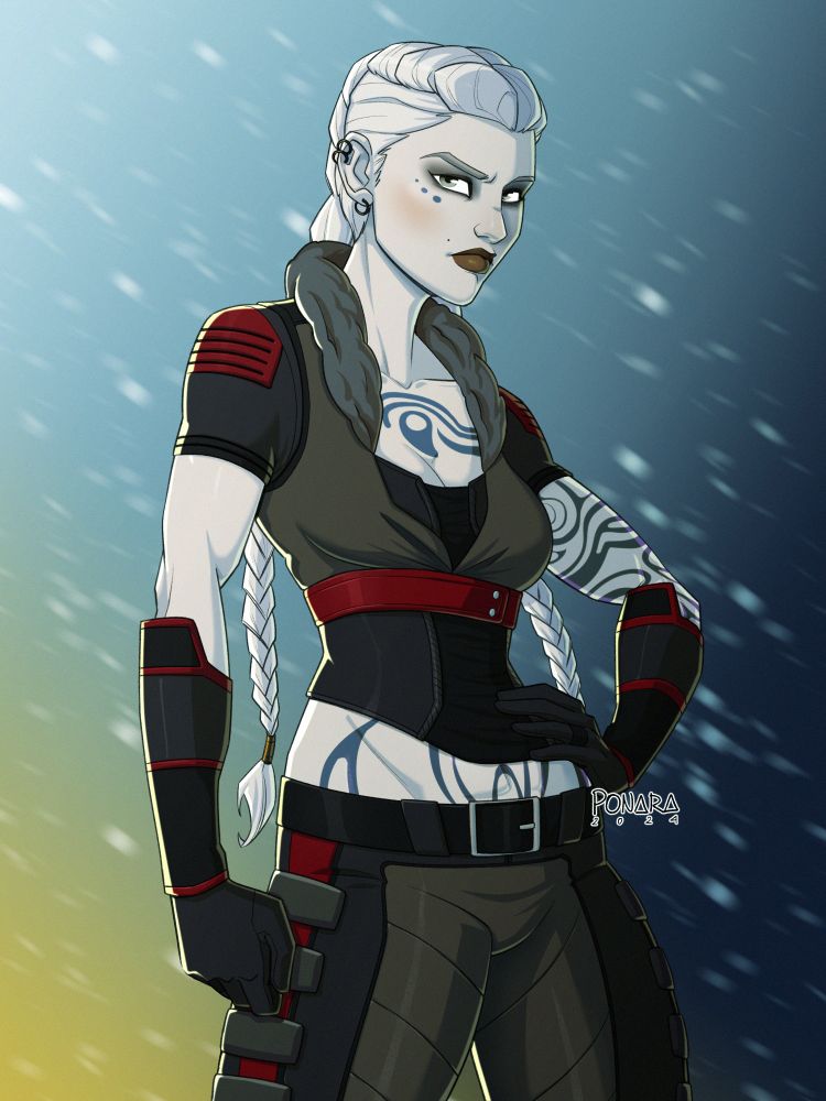 A digital drawing of Commandant Steele from Borderlands over a blue and yellow gradient backdrop with snow falling. She's standing with one hand on her hip and looking at the viewer with a serious look on her face