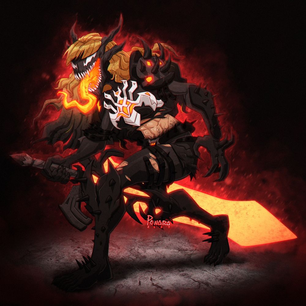 A digital drawing of Magik from Marvel Rivals, in a "venomized" version. She's walking slouched and carrying her sword. Her mouth is wide open showing all of her teeth and her huge glowing tongue is out. She's in a dark environment with red mist and highlights around her