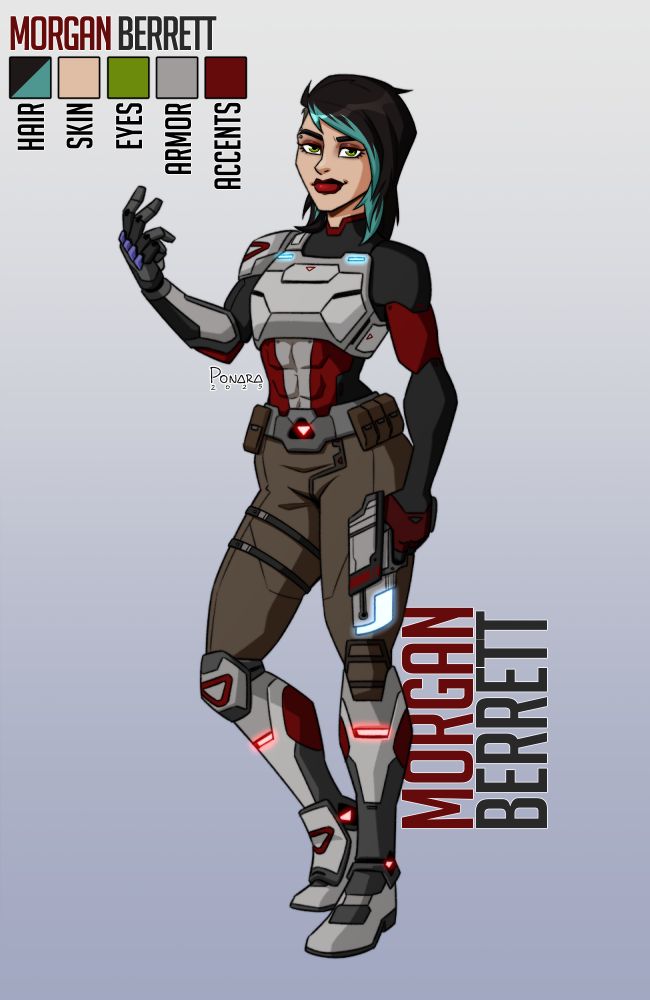 A digital full body drawing of my original character Morgan over a light gray backdrop. She is a Caucasian woman with dark brown hair with a teal streak and a side cut. She wears futuristic red, black and light gray armor and has one mechanical arm.