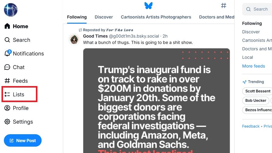 Bluesky Web interface, home page with the Lists menu item highlighted.
