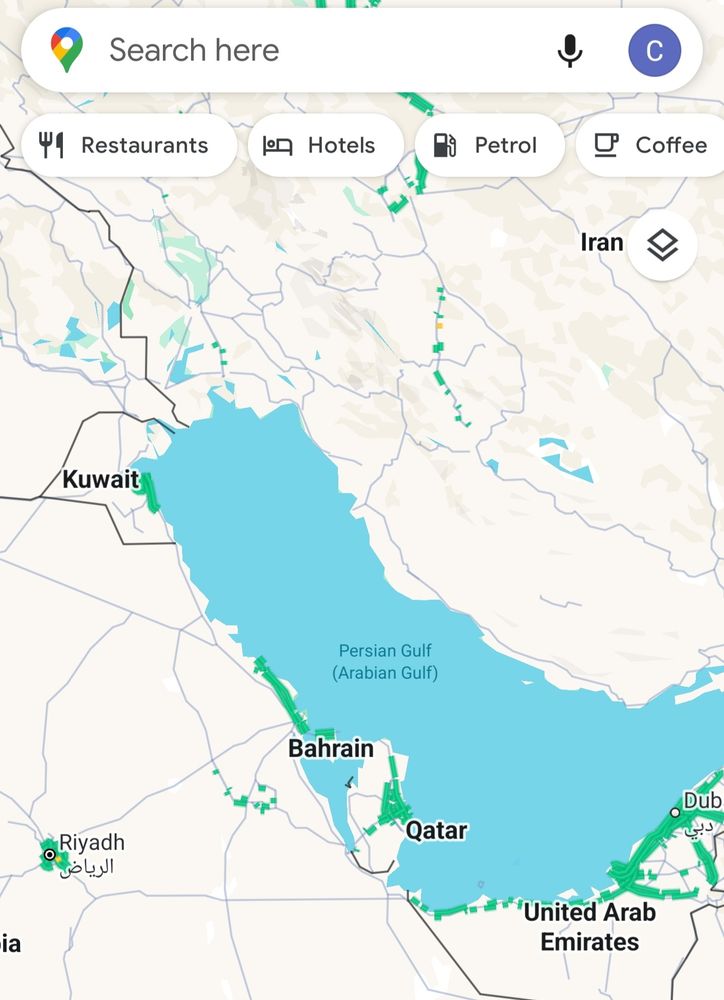 Google Maps showing the Persian Gulf with the Arabin Gulf named in parentheses beneath.
