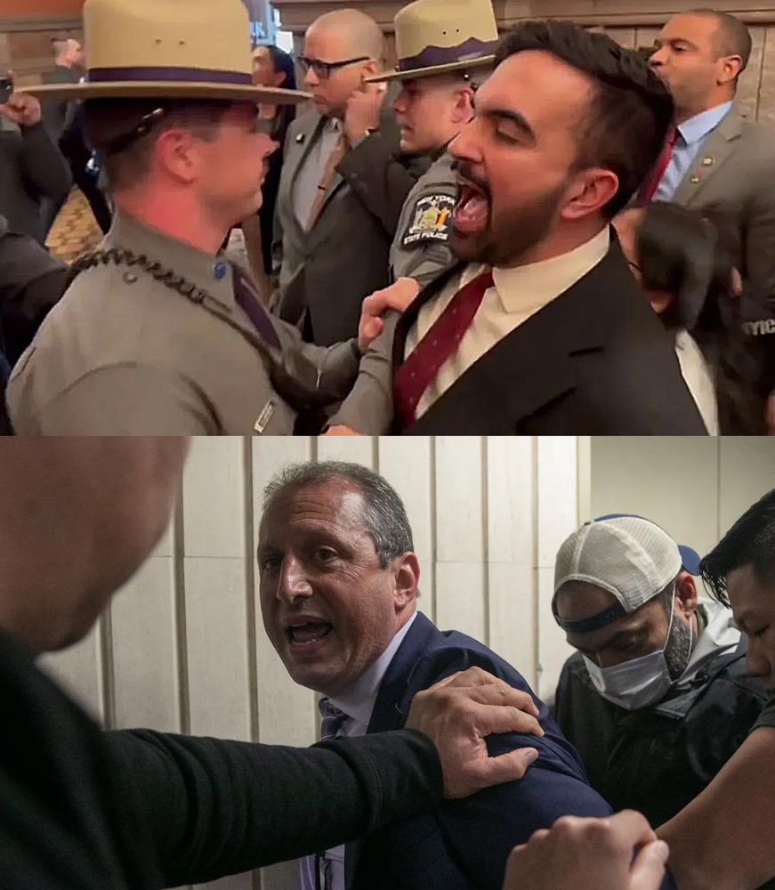 Two photos merged together. The top photo features NYC Mayoral candidate and state legislator Zohran Mamdani confronting Trump border czar Tom Homan in Albany. The bottom photo shows fellow candidate and current City Comptroller Brad Lander being arrested after standing up against ICE's onslaught in NYC immigration courts.
