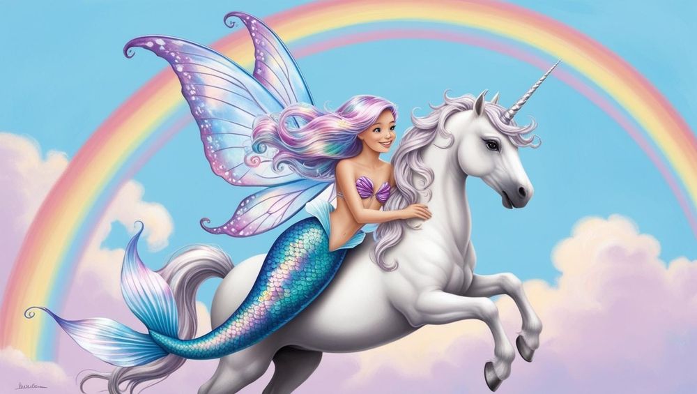 AI generated cartoon image of a metmaid with butterfly wings riding a unicorn with a rainbow in the background. 