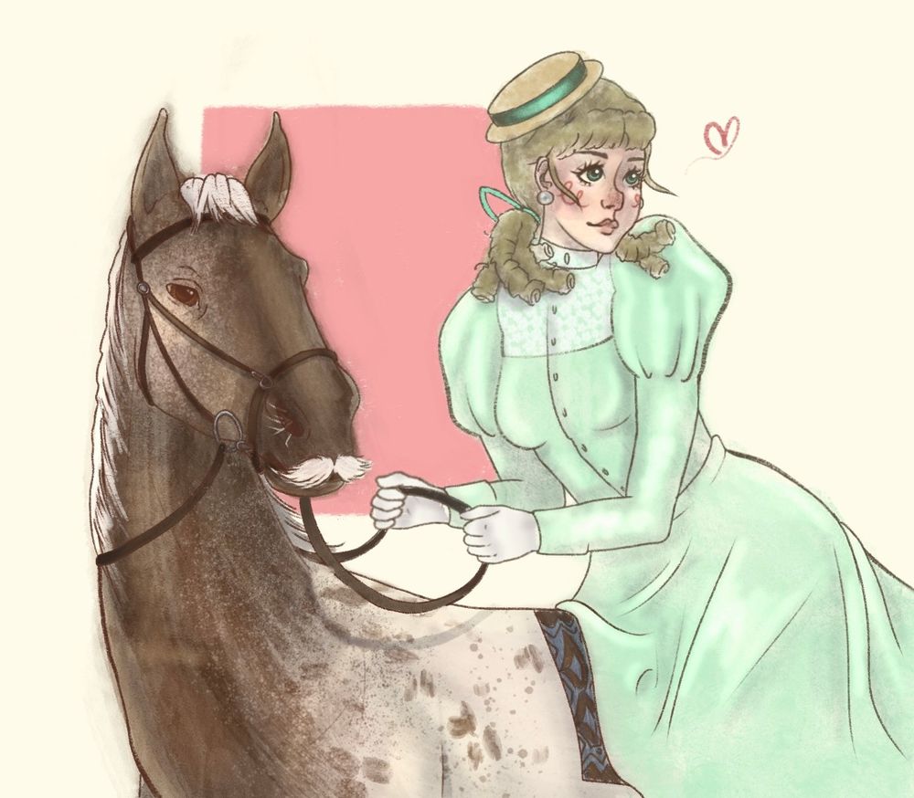 drawing of a blonde-haired woman in a light green dress riding a brown leopard appaloosa, looking off camera and smiling