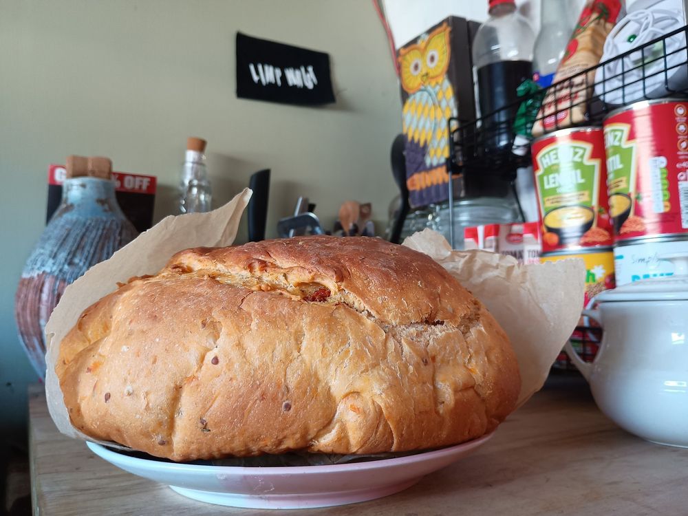 A fresh loaf of homemade bread.