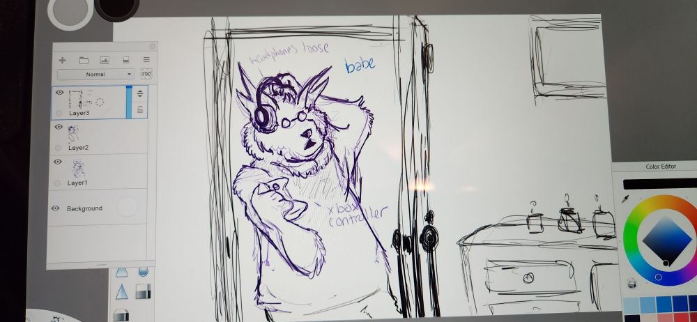 a very handsome fat anthro wolf has an Xbox controller in one hand and a loose grip of his headphones in the other. he says "babe?", to ask if his girlfriend is upset that he is playing video games instead of seeing her