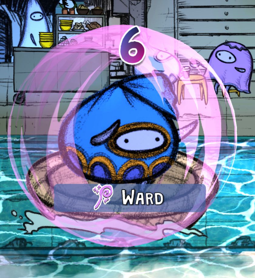 In my game, Cho Noi, the blue Baggie uses the defensive action, Ward, to lower incoming damage with a rolled 6.