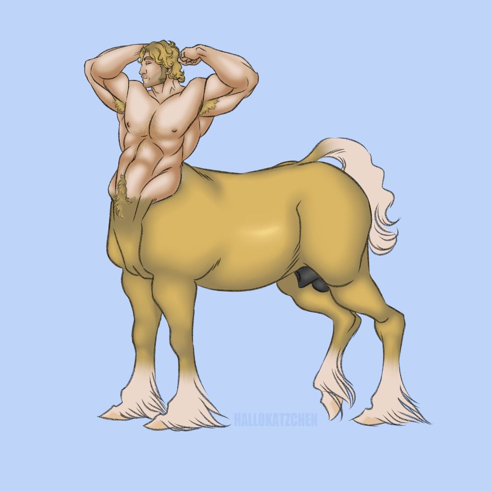 Captain Curly from the game, Mouthwashing, as a centaur.

He's drawn on a light blue background. He's standing with his arms up and flexing to show off his biceps and hairy armpits.