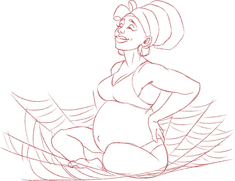 A sketch of ATSV Spider-Woman, Jessica Drew, pregnant and sitting cross legged on a web "nest" made from Miguel's red webs. She's wearing a hair wrap, bralette, and panties, and smiling while supporting her back for a light stretch.