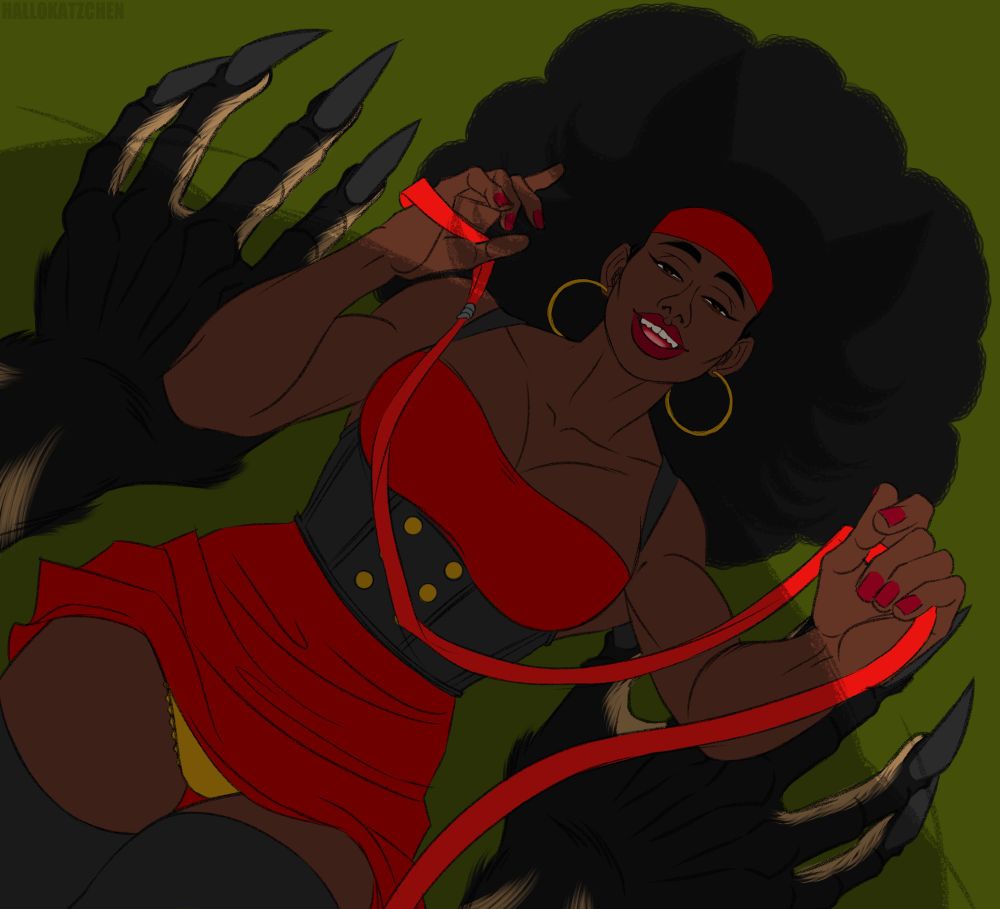 Jessica Drew (ATSV Spider-Woman) laying on a green background (it's supposed to be grass, but I couldn't be arsed to render it lol) 

She's wearing a red dress with a black underbust vest with 6 gold buttons, yellow panties, and black thigh highs.

She's holding a bright red leash and smiling with adoration at Miguel who is leaning over her with his large hands braced on the ground at her sides as his shadow looms over her.
