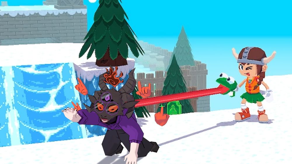 Phirmth is crawling forward, screaming as he's dragged backwards, towards Renata Hops, caught in the Frogun's tonguey grasp.