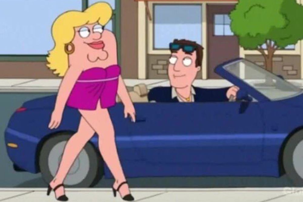 A screen cap of a Family Guy cutaway featuring a woman whose legs go all the way up to her neck.
