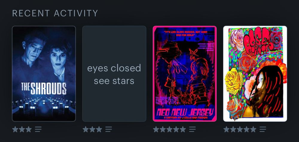 my last four watched on letterboxd: the shrouds (3 stars), eyes closed see stars (3 stars), neo new jersey (5 stars), rose tinted (5 stars)