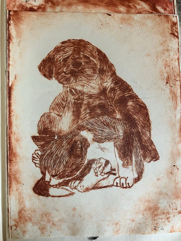 A print of a dog and a cat, where the dog is scratching his chin and the cat is licking its tail